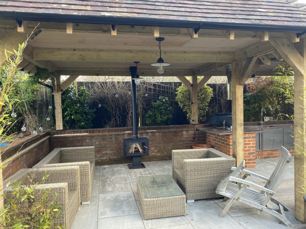 Stove installed in an outdoor seating area